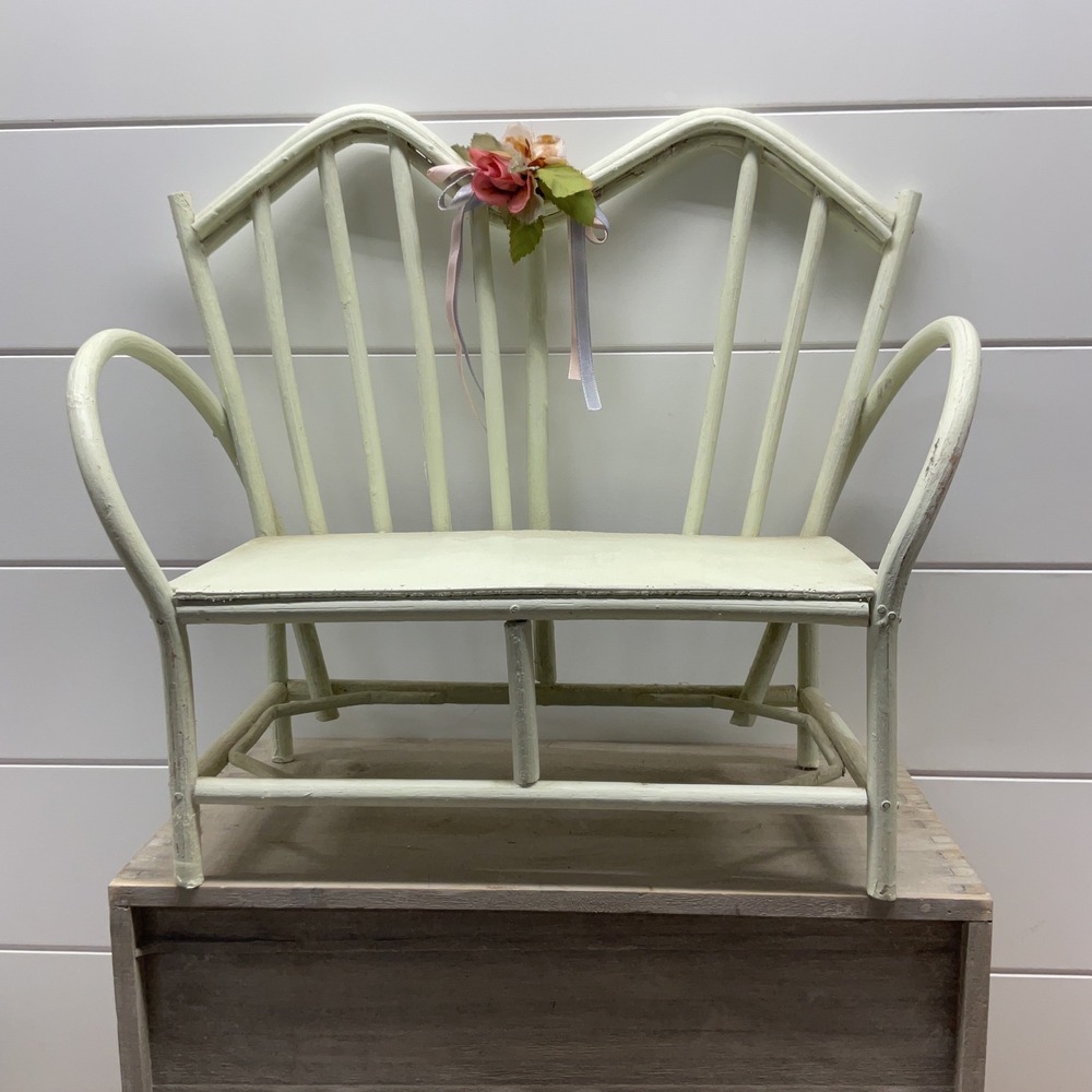 Vintage Miniature Metal Garden Bench Sage Green Doll Settee Flower Accent 14in